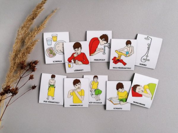 Nepsy Tips lapsen toiminnanohjauksen tukemiseen suunnitellut magneettiset kuvatukikortit Iltatoimet kuvasarja, jossa 10 erilaista iltatoimien kulkuun liittyvää kuvaa.