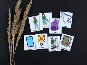 Nepsy Tips lapsen toiminnanohjauksen tukemiseen suunnitellut magneettiset kuvatukikortit Koululaisen muistilista kuvasarja, jossa 8 erilaista kouluun lähdössä toimintaan liittyvää kuvaa.