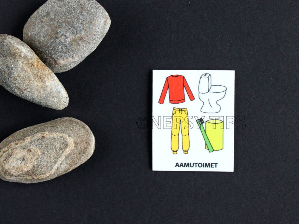 Nepsy Tips lapsen toiminnanohjauksen tukemiseen suunniteltu magneettinen kuvatukikortti Aamutoimet, joka kuuluu Päiväjärjestys kuvatukisarjaan. Aamutoimet kuvatukikortissa on paita, housut, wc pönttö sekä hammasharja ja hammasmuki.