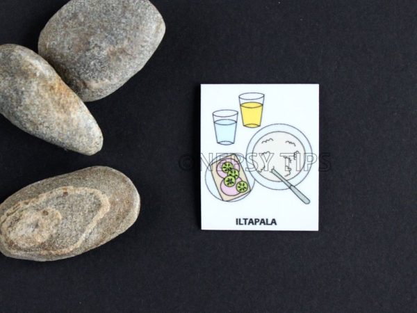 Nepsy Tips lapsen toiminnanohjauksen tukemiseen suunniteltu magneettinen kuvatukikortti Iltapala, joka kuuluu Päiväjärjestys kuvatukisarjaan. Iltapala kuvatukikortissa on puurolautanen, leipä, vesilasi ja mehulasi.