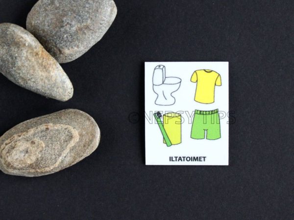 Nepsy Tips lapsen toiminnanohjauksen tukemiseen suunniteltu magneettinen kuvatukikortti Iltatoimet, joka kuuluu Päiväjärjestys kuvatukisarjaan. Iltatoimet kuvatukikortissa on wc pönttö, hammasharja ja hammasmuki sekä yövaatteet.