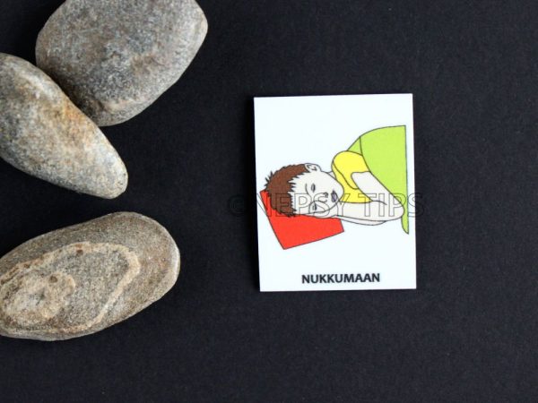 Nepsy Tips lapsen toiminnanohjauksen tukemiseen suunniteltu magneettinen kuvatukikortti Nukkumaan, joka kuuluu Päiväjärjestys kuvatukisarjaan. Nukkumaan kuvatukikortissa lapsi on laittanut pään tyynyyn ja kädet pään alle ja nukkuu.