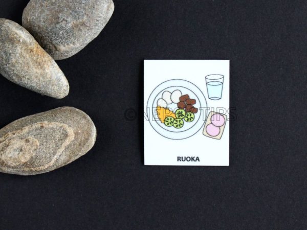 Nepsy Tips lapsen toiminnanohjauksen tukemiseen suunniteltu magneettinen kuvatukikortti Ruoka, joka kuuluu Päiväjärjestys kuvatukisarjaan. Ruoka kuvatukikortissa on lasillinen vettä, voileipä ja lautasellinen ruokaa.