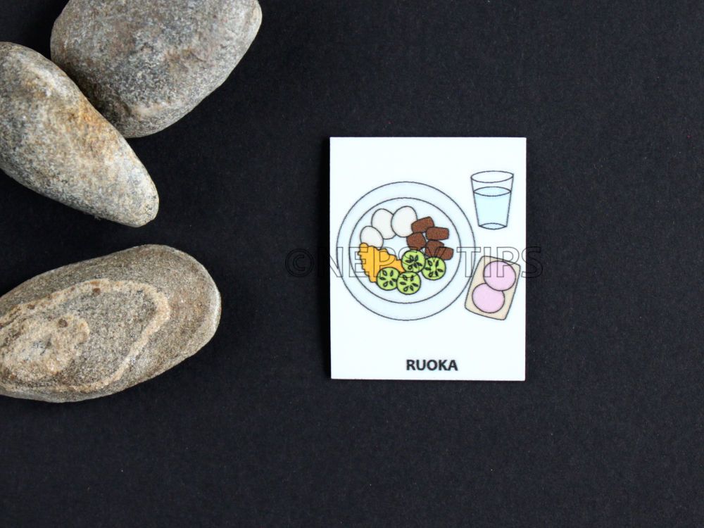 Nepsy Tips lapsen toiminnanohjauksen tukemiseen suunniteltu magneettinen kuvatukikortti Ruoka, joka kuuluu Päiväjärjestys kuvatukisarjaan. Ruoka kuvatukikortissa on lasillinen vettä, voileipä ja lautasellinen ruokaa.