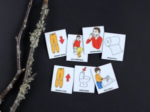 Nepsy Tips lapsen toiminnanohjauksen tukemiseen suunnitellut magneettiset kuvatukikortit Wc reissu kuvasarja, jossa 7 erilaista wc reissun kulkuun liittyvää kuvaa.