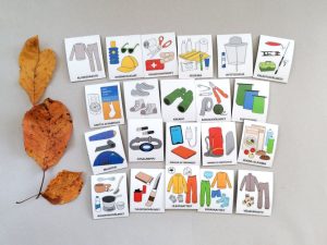 Nepsy Tips lapsen toiminnanohjauksen tukemiseen suunnitellut magneettiset kuvatukikortit Retkelle kuvasarja, , jossa on 21 erilaista pakattavaa tavaraa retkelle.