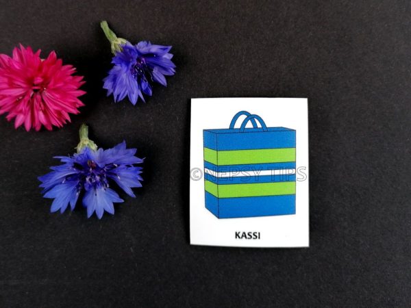 Nepsy Tips lapsen toiminnanohjauksen tukemiseen suunniteltu magneettinen kuvatukikortti Kassi, joka kuuluu Rannalle kuvatukisarjaan. Kassi kuvatukikortissa on sinivihreäraidallinen kesäkassi.